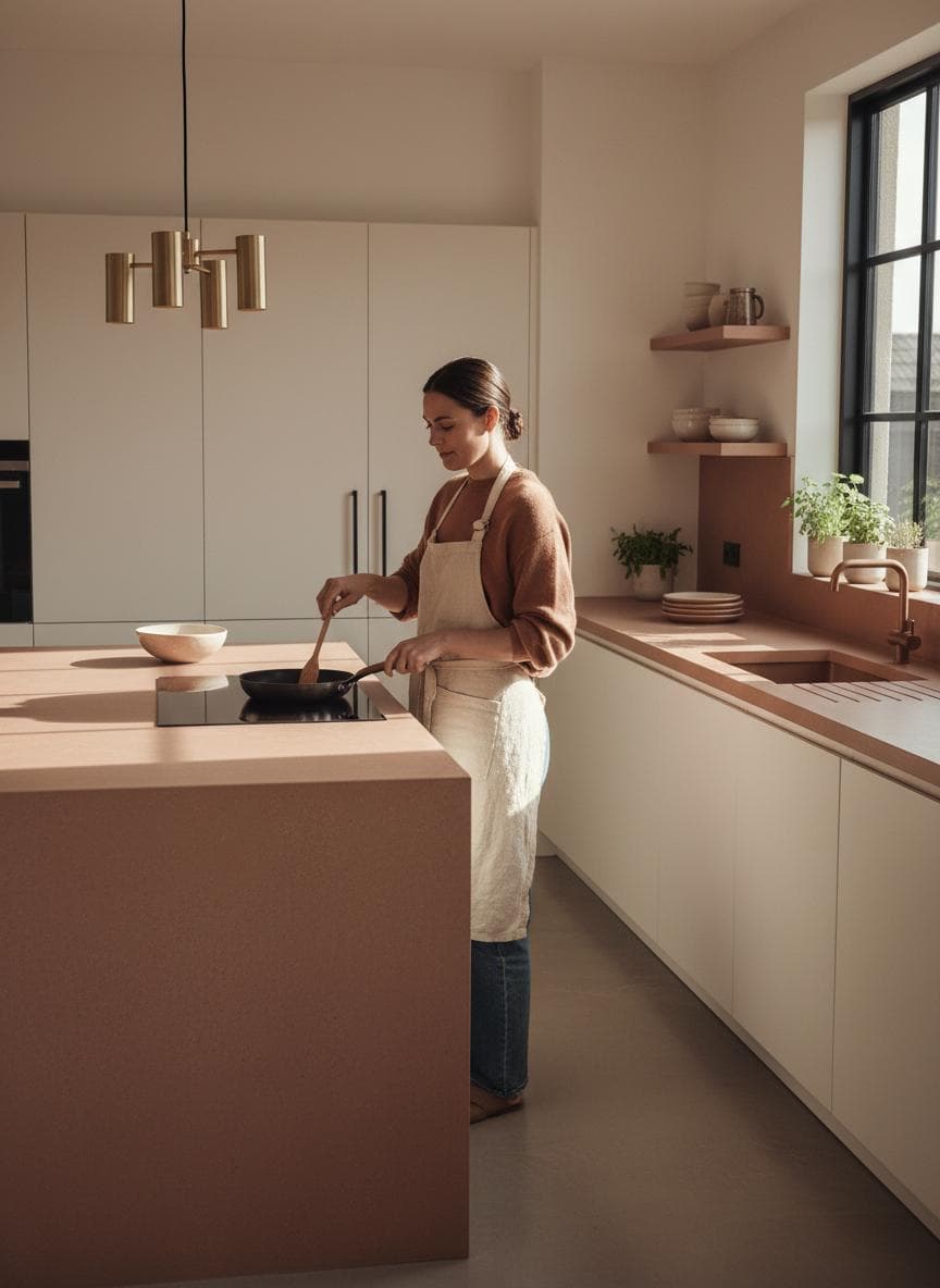 Home cook stirring a pan in a bright kitchen