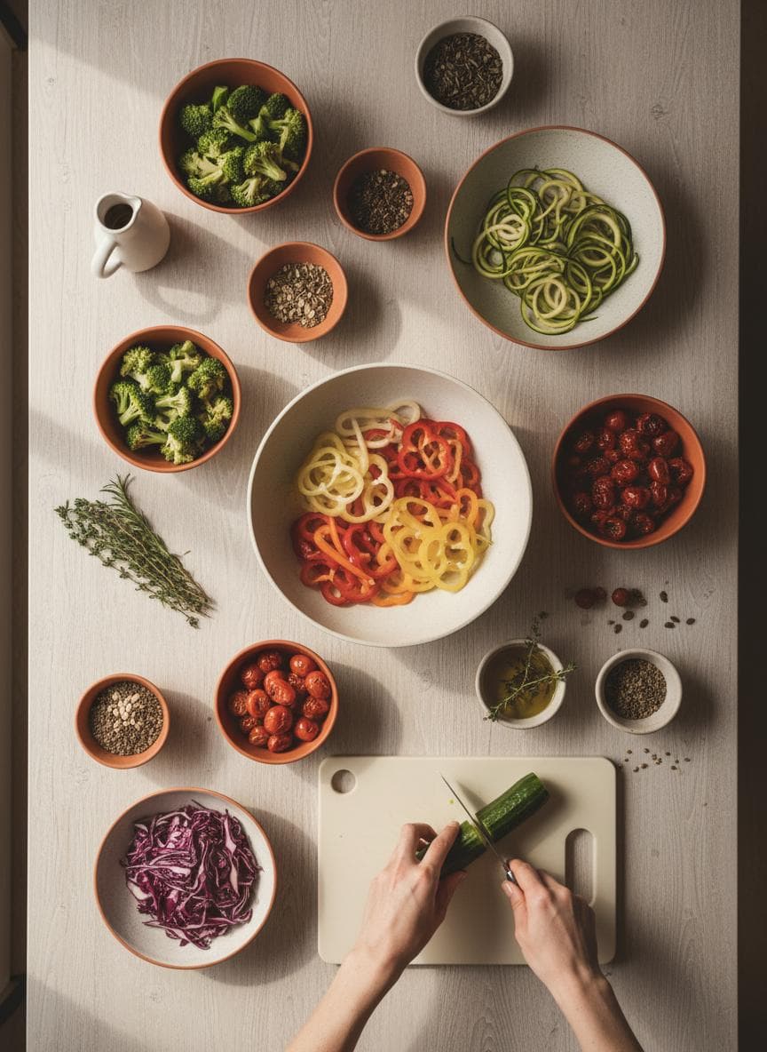 Ingredients arranged for a weeknight pasta prep session
